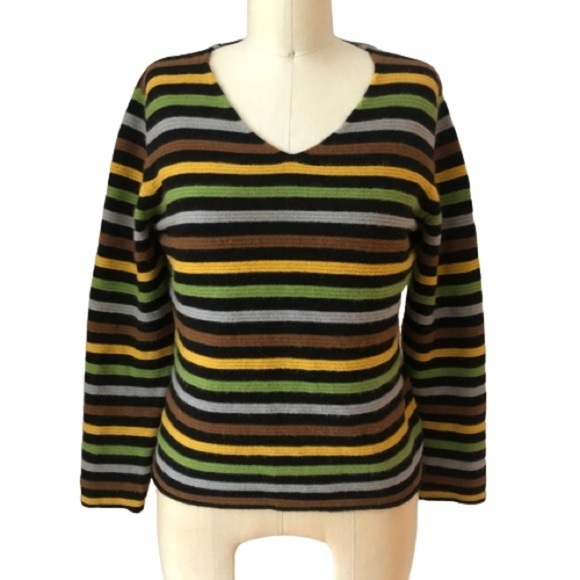 100% Cashmere Multicolor Rainbow Striped V-neck Sweater - Picture 2 of 16